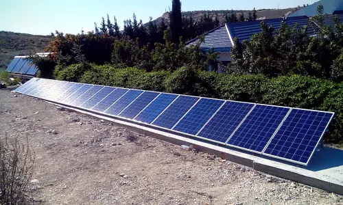 Ground-mounted solar array in a Cyprus garden